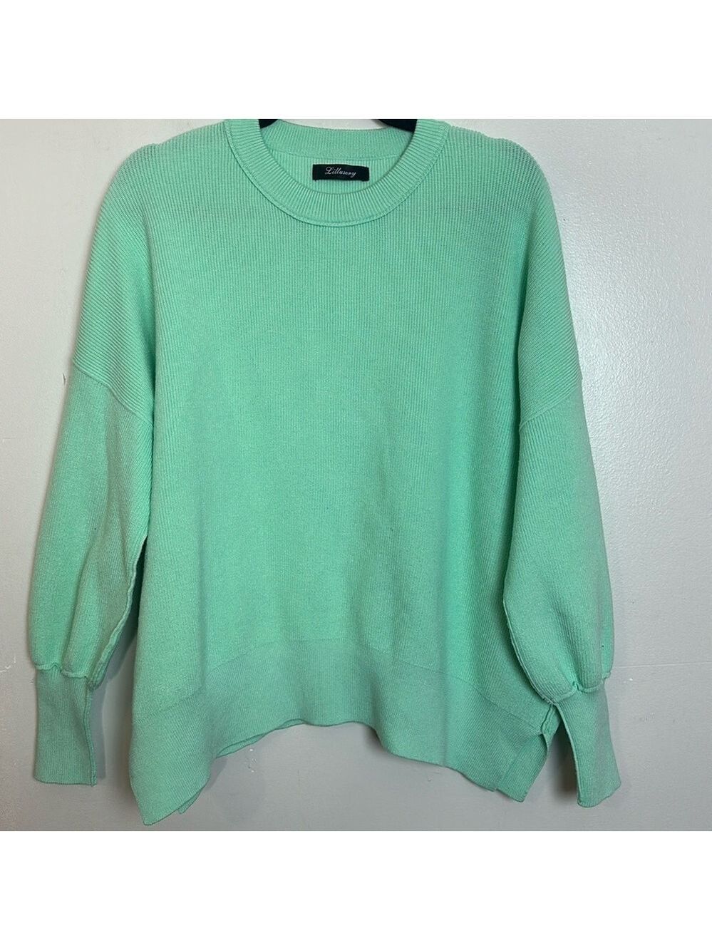 Mint Green Crewneck Drop Shoulder Exposed Seams Oversized Ribbed Knit Sweater